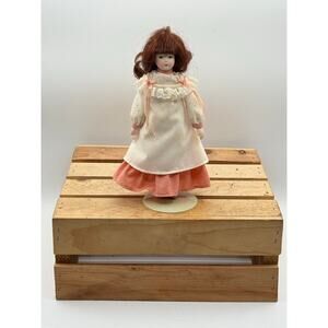 Vintage Russ Berrie Porcelain Doll with Stand-8" Bisque Doll in Pink/White Dress